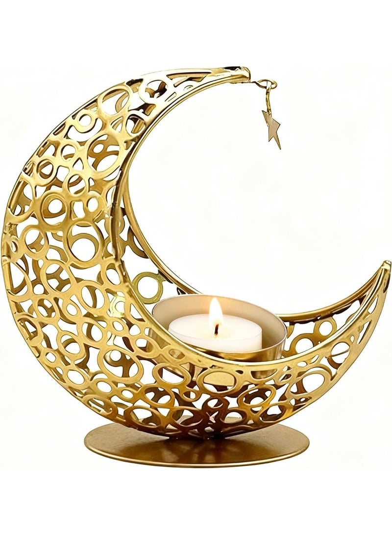 Eid Moon Candle Holder, Ramadan Hollowed Decoration Lights Atmosphere Modeling Decor for Eid and al Adha Celebration, Home Table Party Ramadan Tabletop Lighting Decorations (Gold) - Image 1